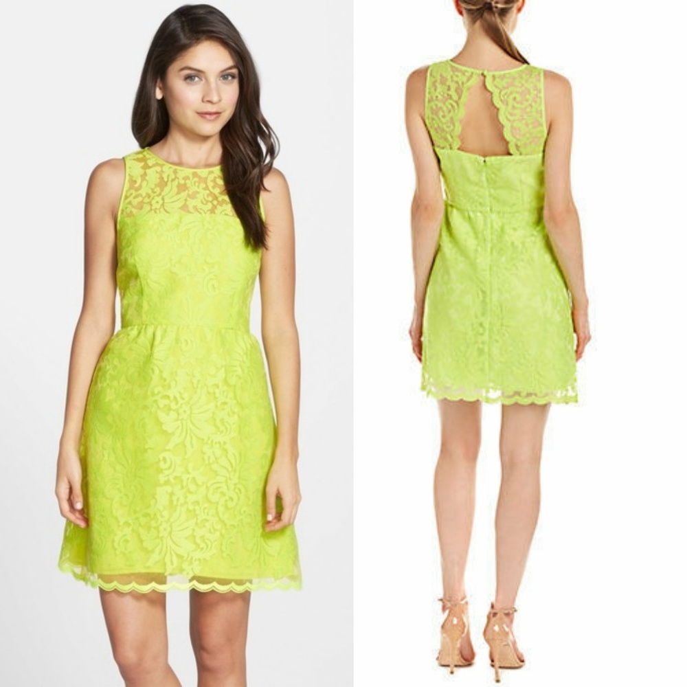 Shelli Segal Organza Sheer Lace Embroidered Dress Neon Green 6
